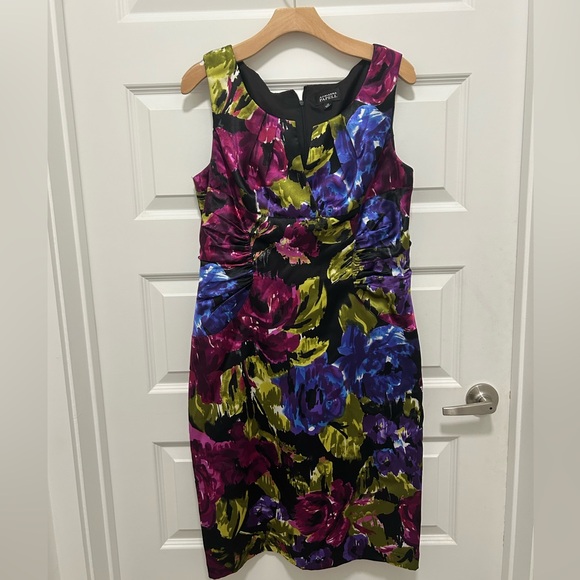 Adrianna Papell Dresses & Skirts - Adrianna Papell Black Floral Midi Dress with Purple, Blue & Olive